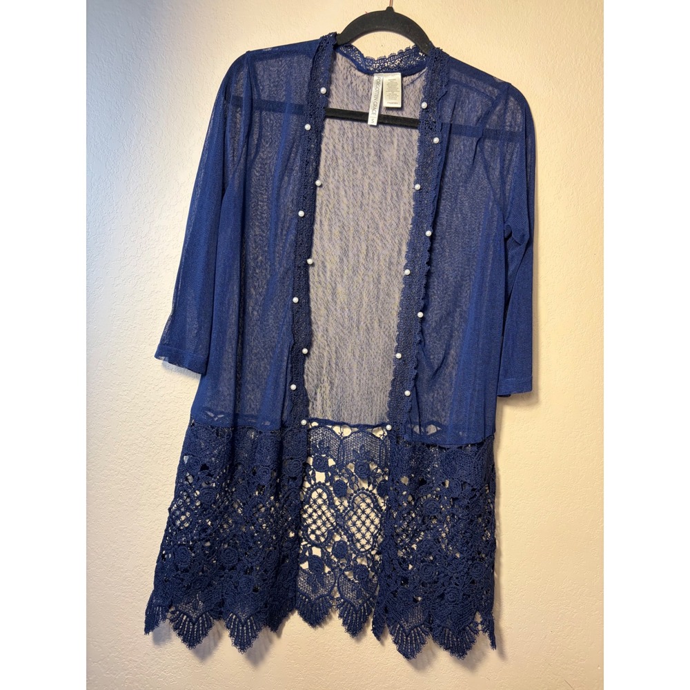 Forgotten Grace Navy Mesh Crochet Lace Pearl Open Front Cardigan Small ST9003